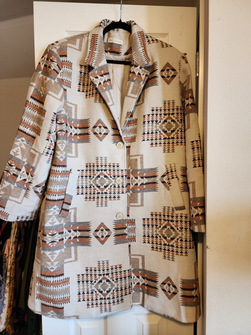 Grace & Emma Boho Aztec Geometric Print Cream Pea Coat Jacket Size XL